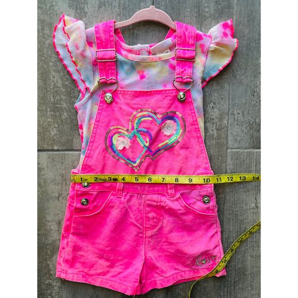 LITTLE LASS Girls 2 Piece Outfit Set Overalls Shortalls Neon Pink Tie Dye LOVE 5 - Picture 3 of 7